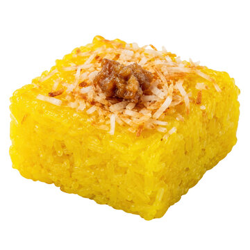 Yellow Sticky Rice Cake with Coconut Topping on Transparent Background