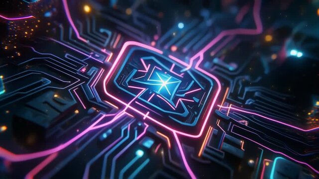 A futuristic glowing microchip embedded within a digital circuit board, representing artificial intelligence, computing, electronics, innovation, and advanced technology.