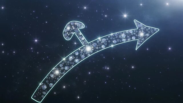 A glowing Sagittarius zodiac arrow surrounded by sparkling stars, symbolizing astrology, constellations, celestial beauty, cosmic energy, and horoscope themes.