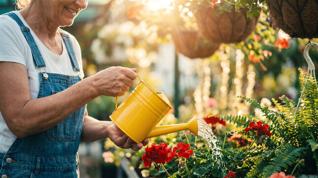 Smiling gardener watering vibrant red flowers with a yellow watering can in sunny garden