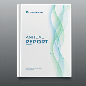 Professional book cover template for an annual report featuring clean white background and blue and green abstract wave graphics.Modern Corporate Annual Report Book Cover with Abstract Waves
