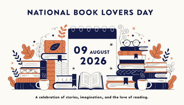 National book lovers day illustration featuring stacked books and calendar