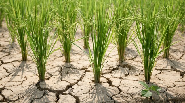 Green Rice Plants Growing in Severely Cracked Dry Earth, Highlighting Drought Impact