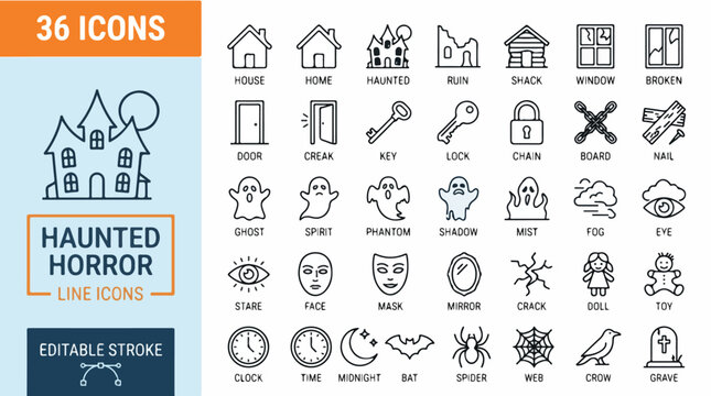 Comprehensive Set of Linear Mystery and Spooky Themed Vector Icons for Halloween Design Projects