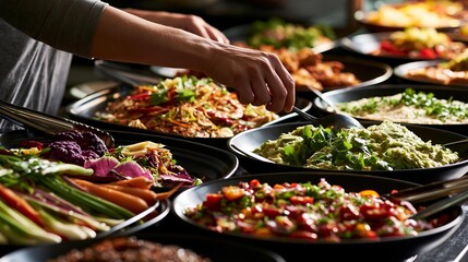 Obraz premium Person serving a healthy buffet with fresh vegetables and dips