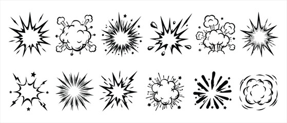 Set of comic book explosion and burst effect icons with explosion starburst isolated collection illustration comicbook creative abstract background © Romzain