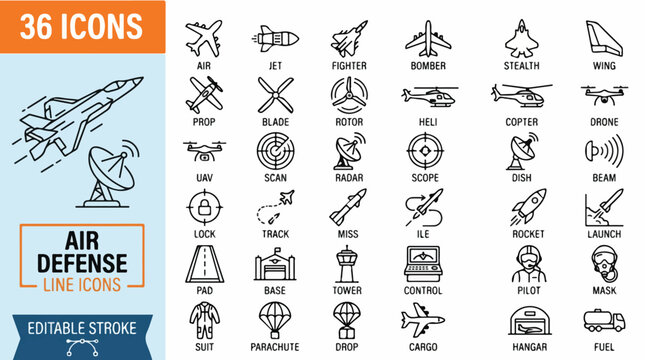 Collection of 36 Air Defense and Military Aviation Line Icons for Design and Illustration Projects