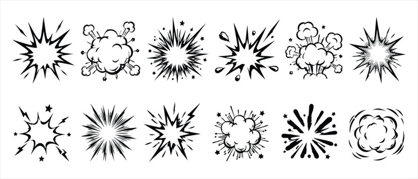 Set of comic book explosion and burst effect icons with explosion starburst isolated collection illustration comicbook creative abstract background