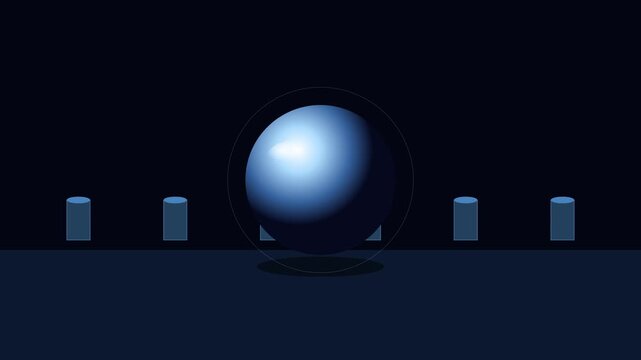 Abstract blue sphere floating above cylinders minimalist 3 d motion animation 4k background, ball