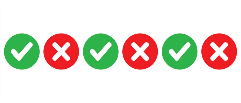 Set of green check marks and red cross symbols for evaluation with checkmark positive negative approval rejection decision validation feedback checkbox interface business assessment