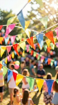 A vibrant and joyful outdoor festival setting with multicolored flags.