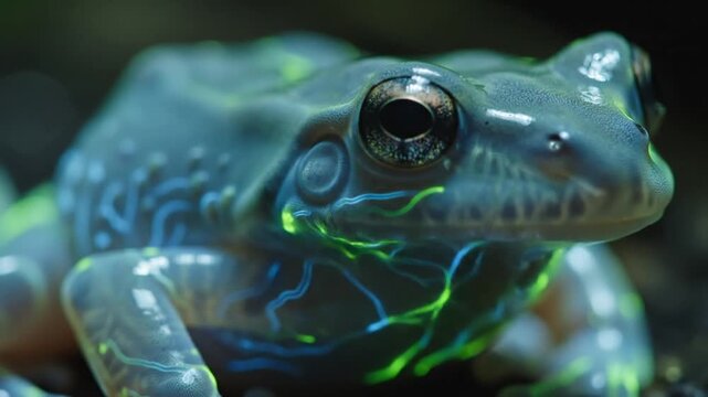 Extreme macro view of a translucent frog head featuring bioluminescent blue and green glowing veins under the skin, focused on the detailed eye and tympanic membrane.