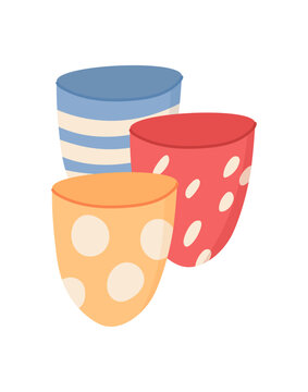 Cute flat cartoon cups background. Colorful cup set as playful container and simple art for donate or gift theme. Soft red, blue and yellow tones suit charity poster or community help share concept