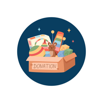 Round sticker shows charity toy gift box. Cute donation box with bear and ball as child play set. Warm community support for children and needy kid, ideal badge for charity event cover social care