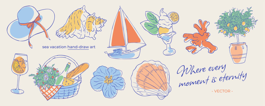 Vintage beach travel doodle collection in watercolor and sketch style. Summer vacation coastal icon set with blue sailboat and seashell plus sunhat. Mediterranean background for postcard.