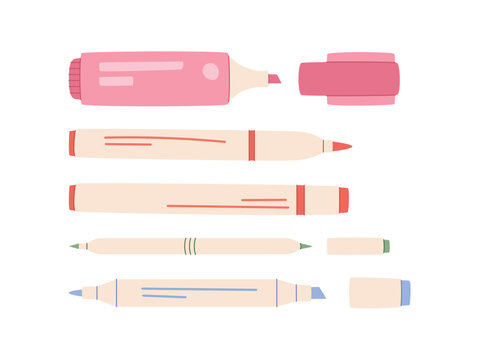 Flat markers and pen art style. Simple doodle tool set as childish stationery for children and school study. Soft red blue color supplies for art craft hobby, cute icon object on white background