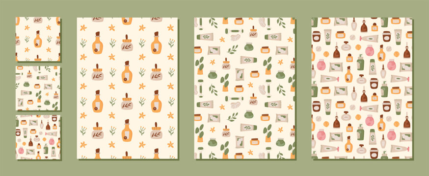 Cartoon beauty cosmetic seamless pattern set. Cute skin care product surface with soap, lotion and cream tube and jar. Pastel bottle pack repeat as flat skincare concept, background for banner