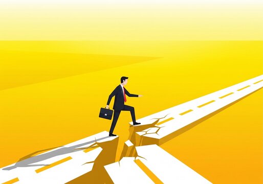 Isolated businessman confidently stepping forward on a narrow path toward success in vibrant yellow landscape