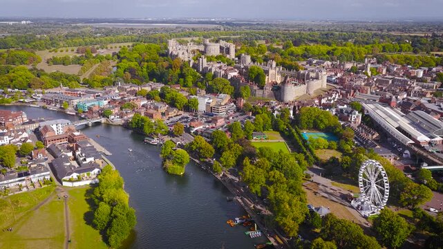 Drone image of Windsor Castle, a major UK landmark, with River Thames and historic townscape&mdash;ideal for travel, tourism, architecture, and British heritage commercial themes