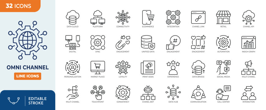 OmniChannel line editable icon set. Editable stroke. Vector illustration