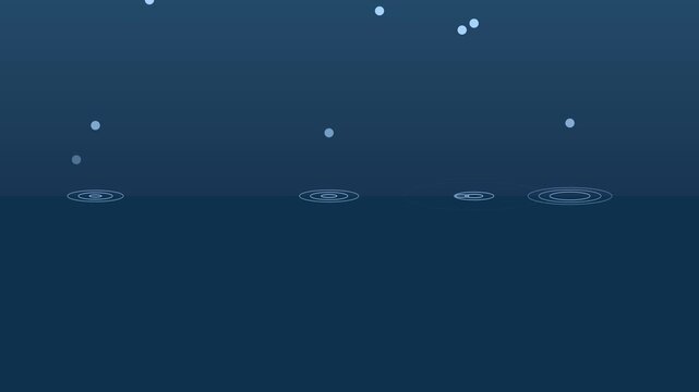 Minimalist rain drops falling on dark water surface creating concentric ripples animation 4k