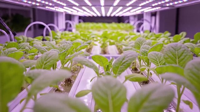 Rows of green leafy vegetables growing in a modern indoor vertical hydroponic farm system
