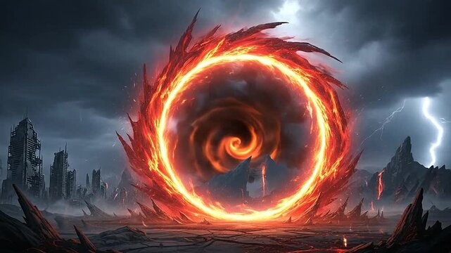 A glowing fiery portal stands amidst a desolate landscape under a dark stormy sky