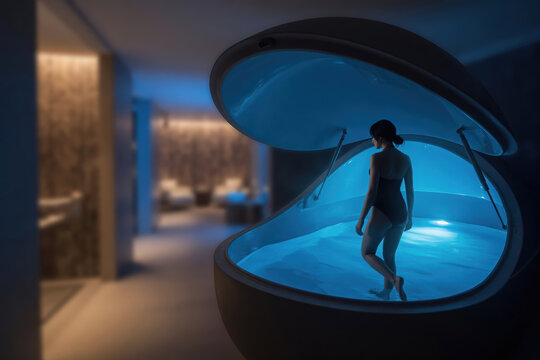 Sensory deprivation tank float pod flotation therapy spa wellness relaxation blue light woman swimsuit water Alternative holistic healing concept