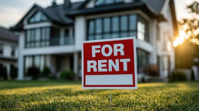 Sign in front of house showing it is available for rent in a suburban area during sunset hours