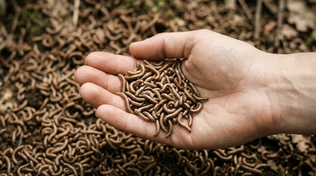 A person's hand holds a pile of small brown millipedes against a blurred natural ground covered with more millipedes arthropods invertebrates insects critters creepy crawlies