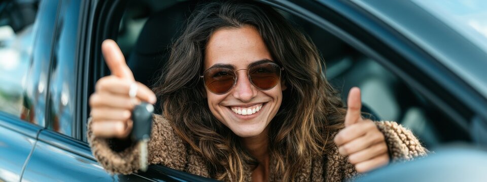 Woman in car gives thumbs up with keys in hand on a sunny day in the city