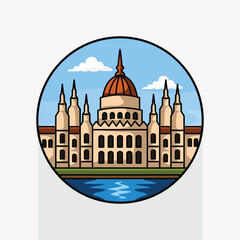 Obraz premium Hungarian Parliament Building in Budapest Hungary Circular Travel Destination Illustration Featuring Famous European Landmark Architecture Tourism Badge Icon Design for Vacation and City Exploration