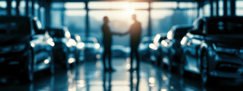 Two people shake hands in a car dealership during late afternoon sunlight