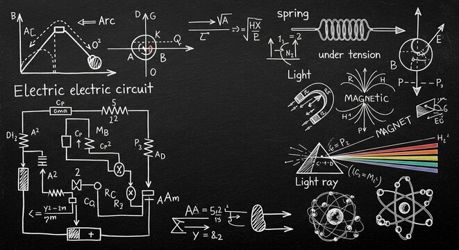 Blackboard Sketch Showing Electric Circuits and Physics Concepts with Hand Drawn Technical Diagrams