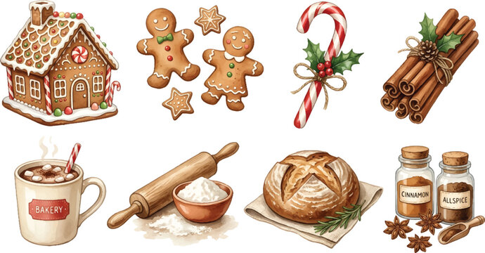 Vector Illustration Hand Painted Christmas Bakery Essentials with Gingerbread House and Hot Cocoa