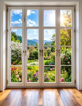 Glass Window Panels Showing a Vibrant Garden and Mountain View with Sunlight Streaming in