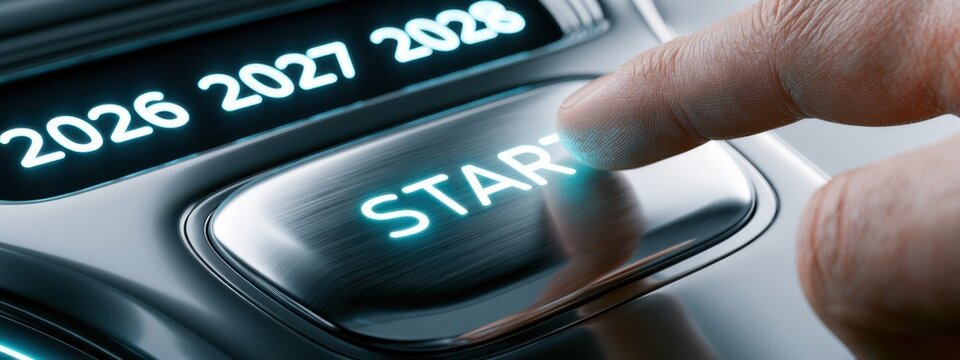 Finger presses start button on car dashboard displaying future years in digital format