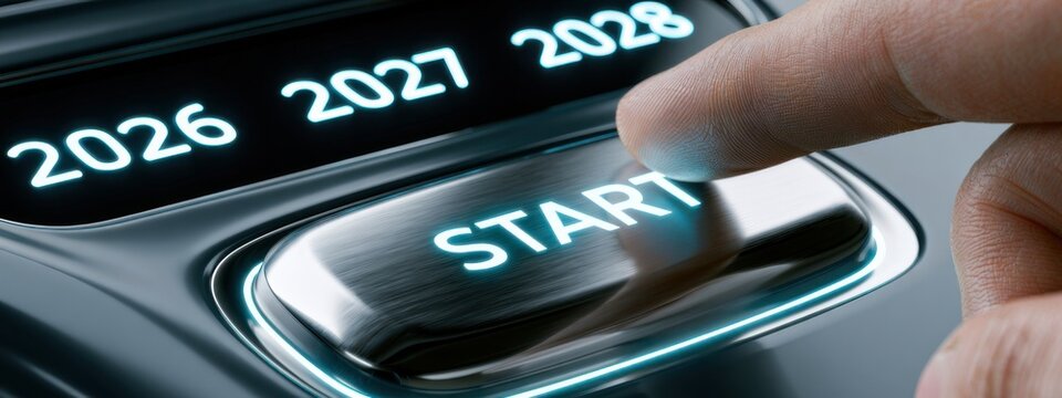Touching the start button on a futuristic display showing years 2026, 2027, and 2028 in a car interior