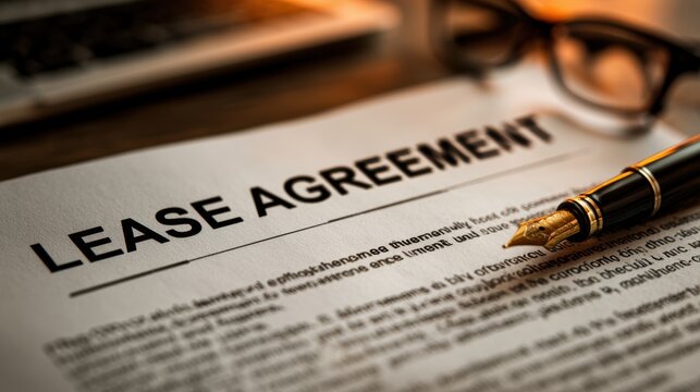 Document details a lease agreement under review with a pen and glasses placed beside it on a desk