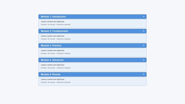 Interactive online course modules menu interface with expanding lesson and objectives animation 4k e-learning