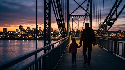 Fototapeta premium Father and Daughter Walking on Bridge at Sunset with City Skyline