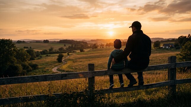 Father and son watching sunset over rolling hills from a wooden fence