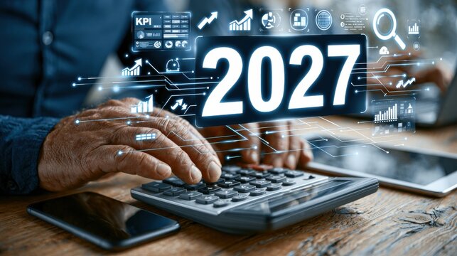 People engage in financial planning using a calculator and a tablet in an office setting for the year 2027