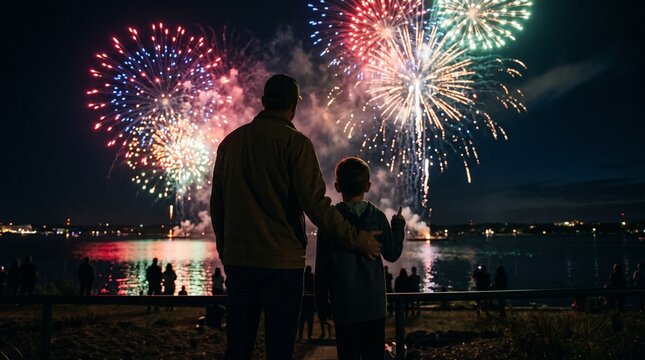 Father and son watch colorful fireworks display over water at night