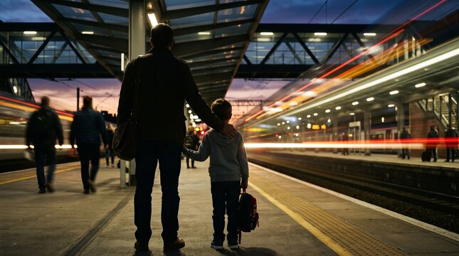 Father and son wait for train at station with light trails from passing trains at dusk