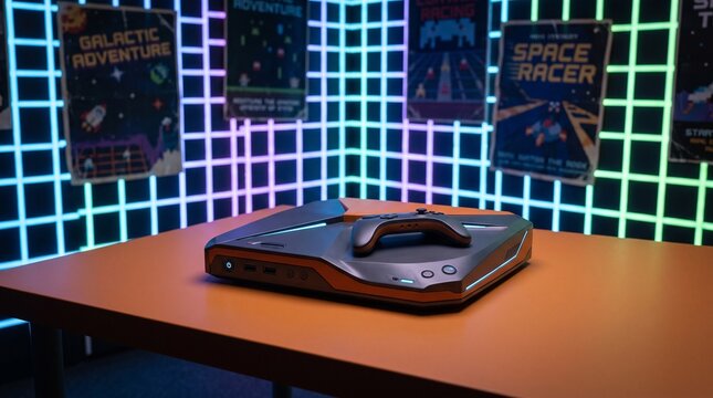 Retro Gaming Console with Controller and Vintage Posters in Neon Lit Room