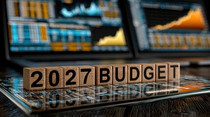 Obraz premium Budget planning for 2027 with financial charts and data displayed on computer screens