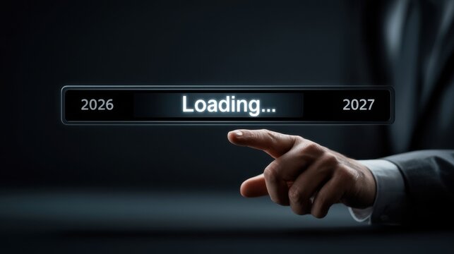 Loading screen shows progress from 2026 to 2027 while a hand touches the screen