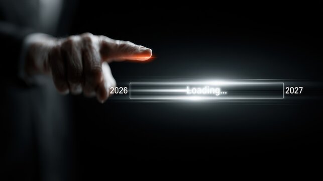 Hand points to a loading bar showing a transition from 2026 to 2027 in a dark setting