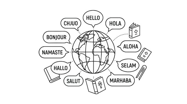 Global language communication concept illustration with globe and speech bubbles.